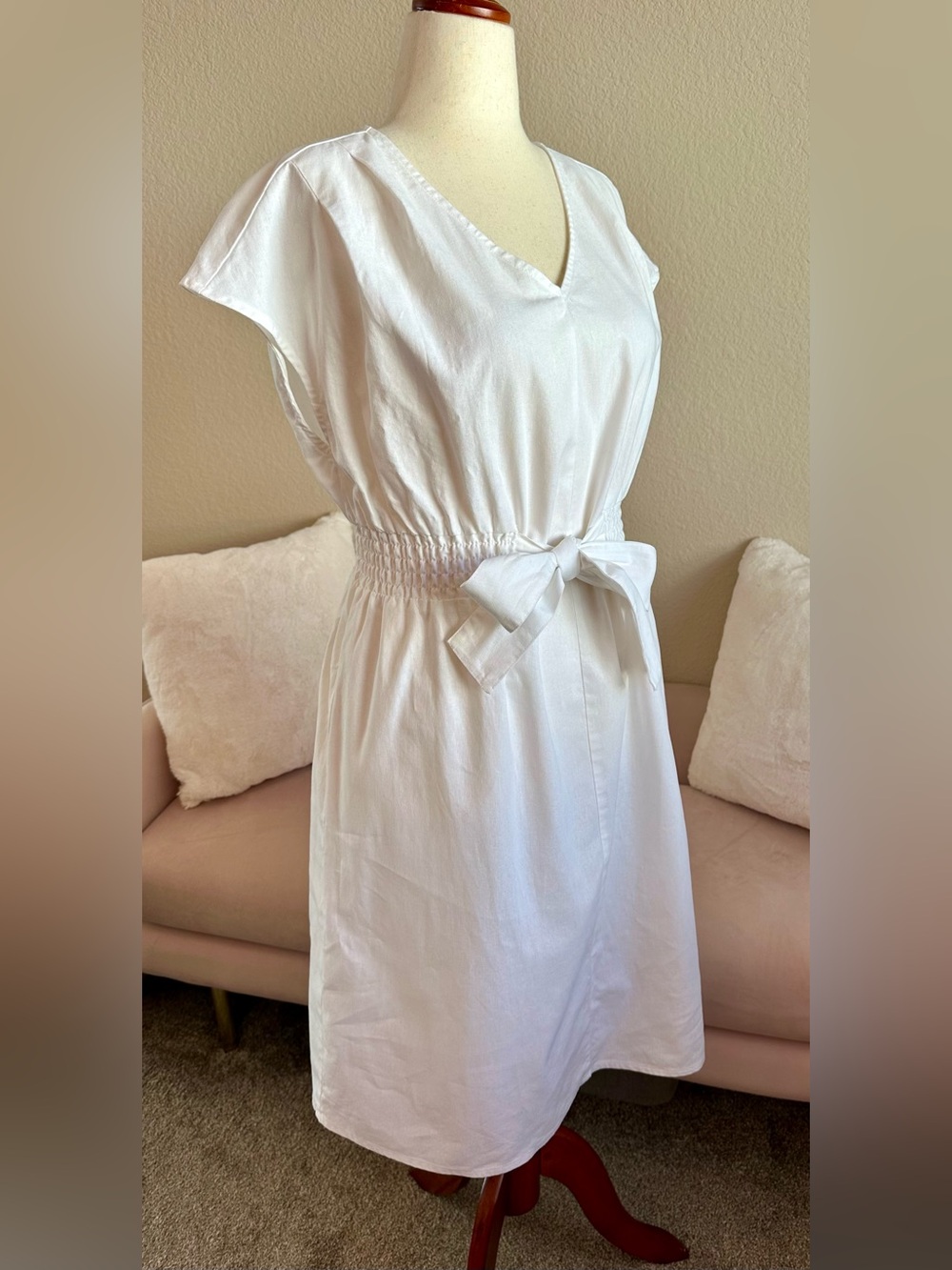 VTG Morgan Taylor Midi Shirt Dress White Linen Blend Womens M Coastal Minimalist